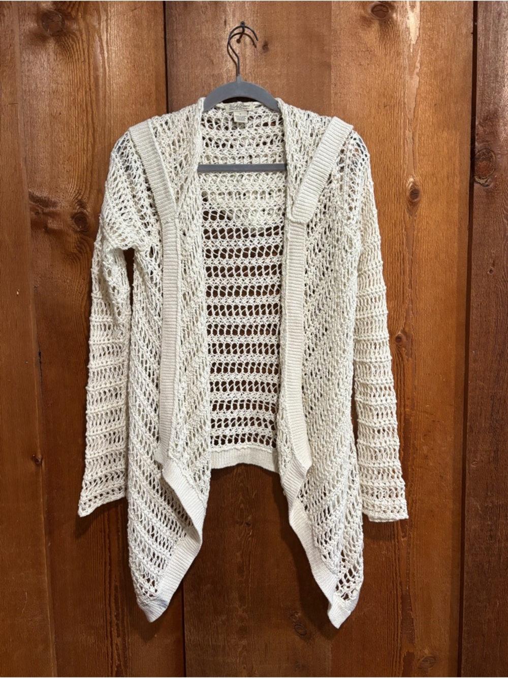 Lucky Brand Cream Open Knit Linen Cotton Hooded Draped Waterfall Cardigan Small